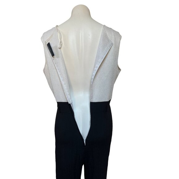80s Jumpsuit White Waffle Knit Bodice, Crepe Rayon Pantsuit Minimalist Corpcore - Picture 6 of 9